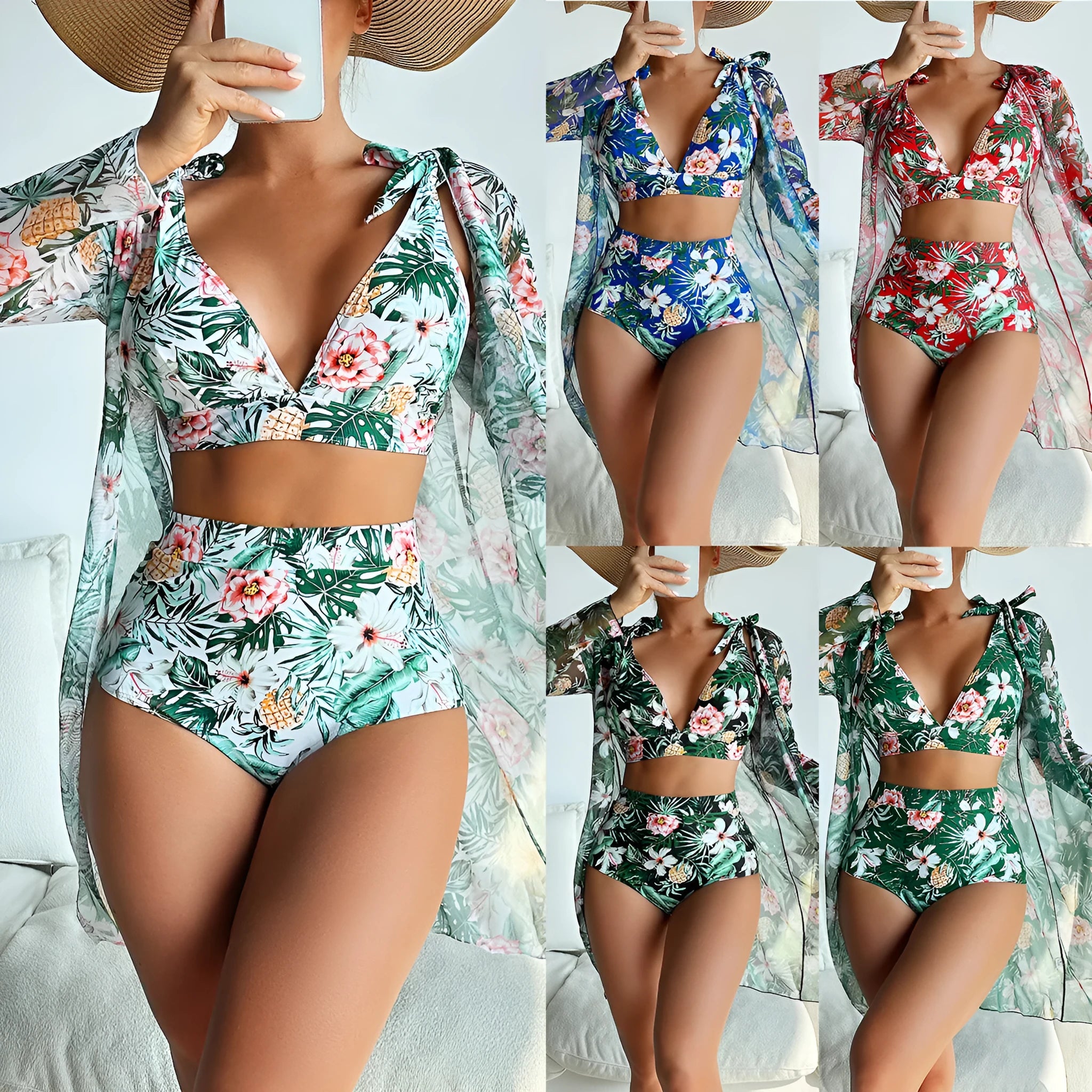 Women's multicolour printed bikini three-piece set showing the matching sunscreen shirt, bra, and shorts.