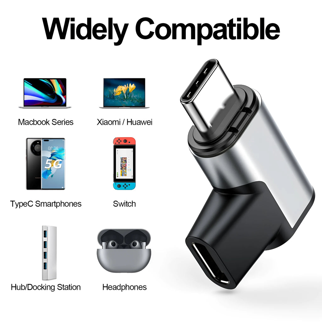 PD 100W USB-C adapter with aluminium alloy body, shown as Type-C elbow or straight magnetic head connector for phones and tablets
