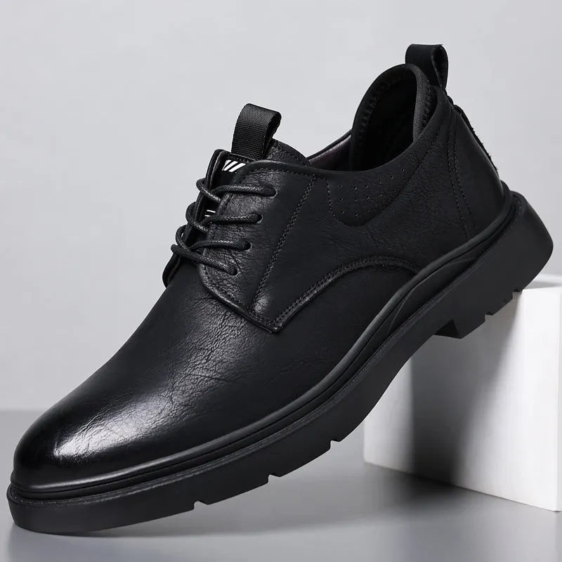 Men's black and brown leather business shoes with two-layer cowhide construction and rubber soles
