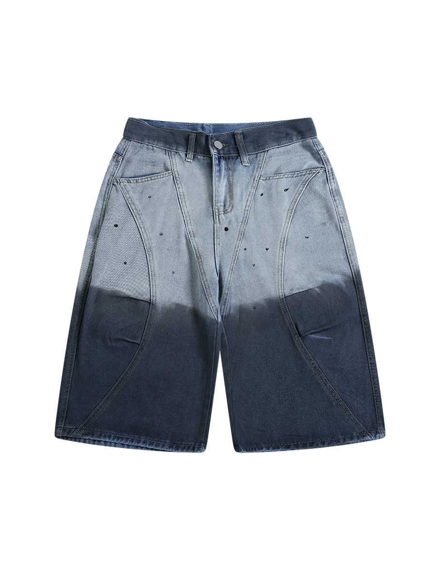 Blue tie-dye gradient cropped jeans with washed-out finish and loose casual fit