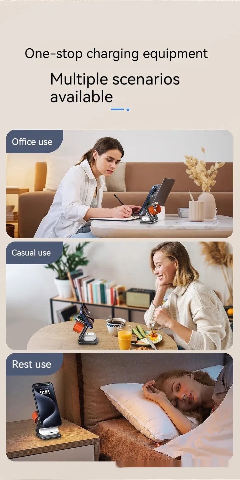White foldable magnetic wireless phone charger holder in open position on a desk