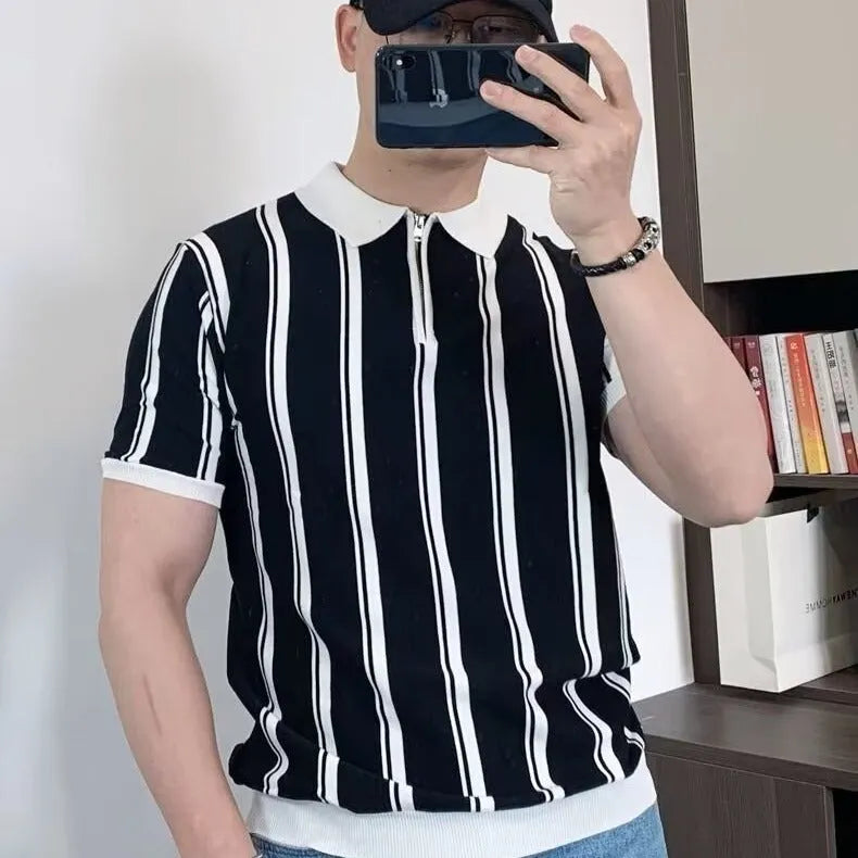 Korean style vintage stripe men's T-shirt with half-sleeve zip detail and cartoon print in black or white colours