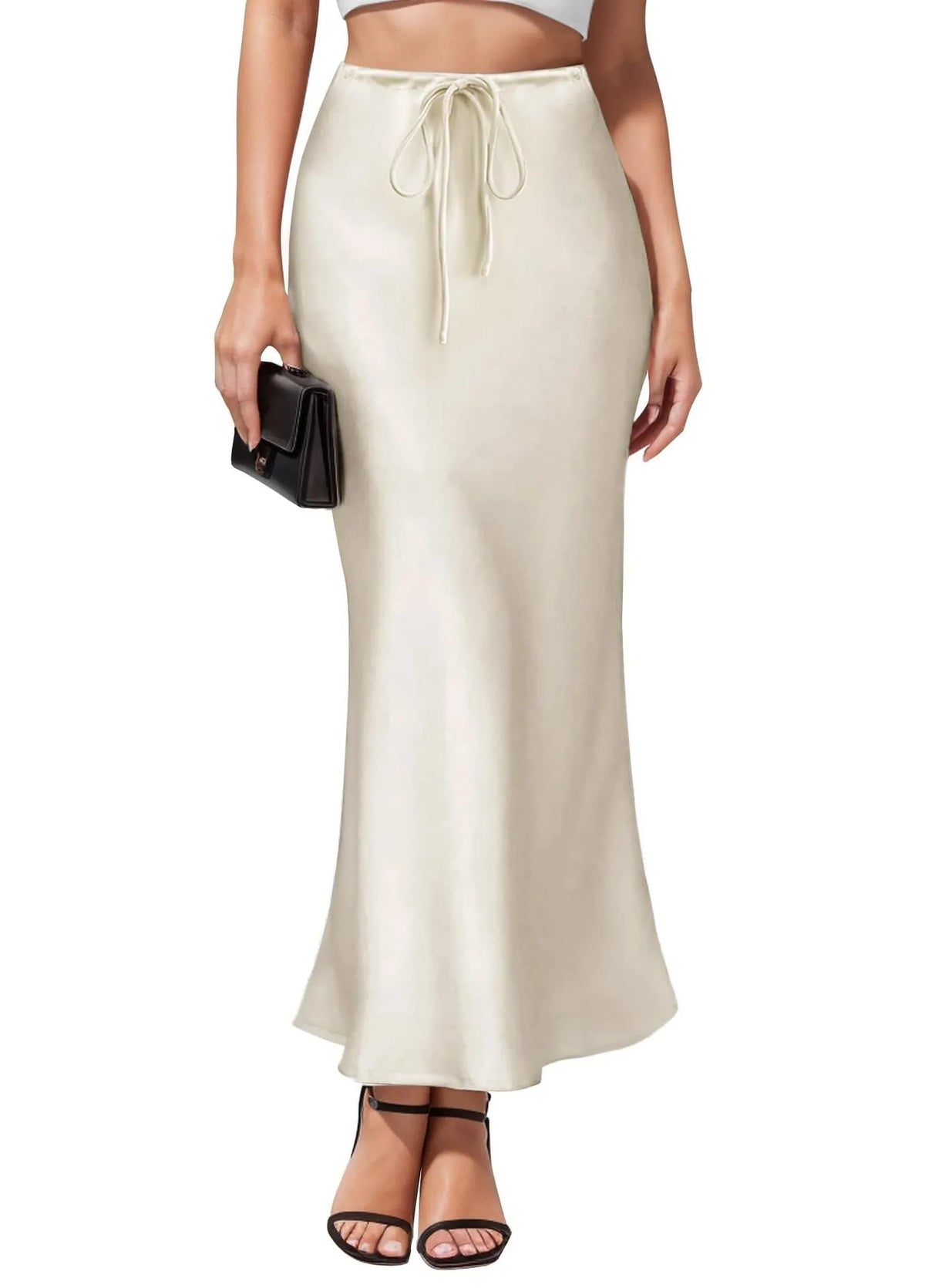 Asymmetric high-waist acetate satin skirt in solid colour with irregular stitching detail