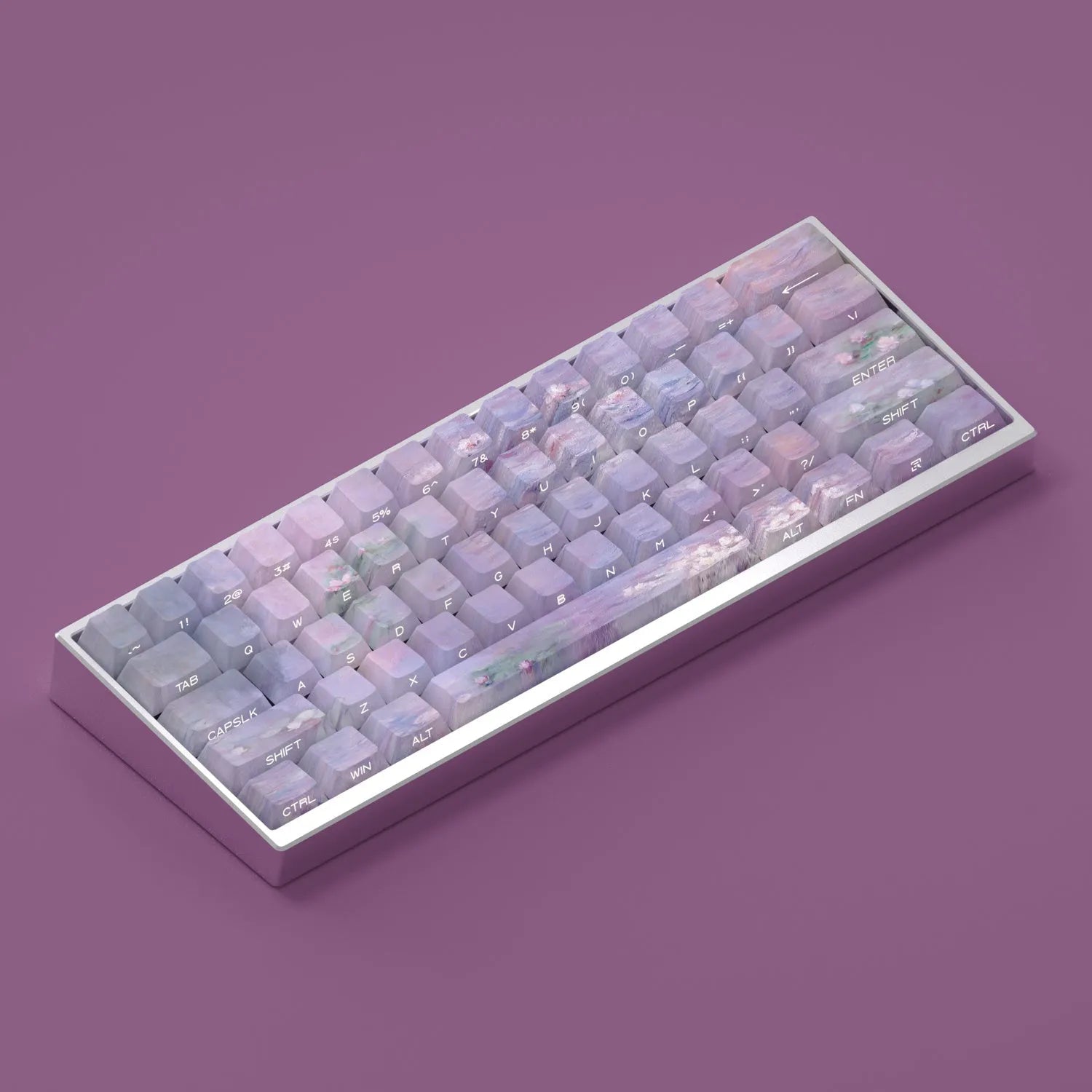 Wenshao Sleeping Lotus PBT keycap set with 130 keys showing side-engraved light transmission design.