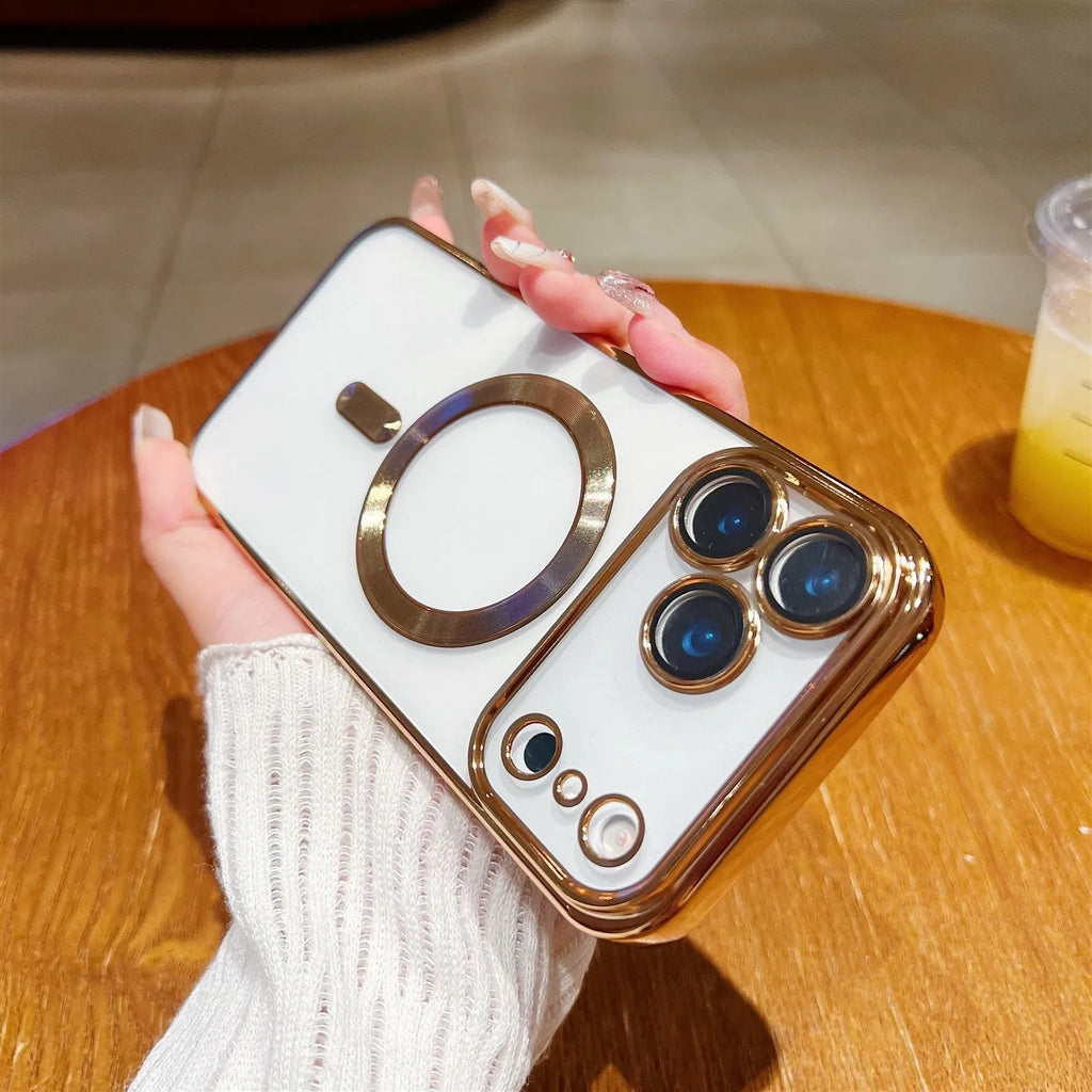 TPU magnetic suction phone case with tail electroplating and transparent lens protector in Black for iPhone 13-17 series