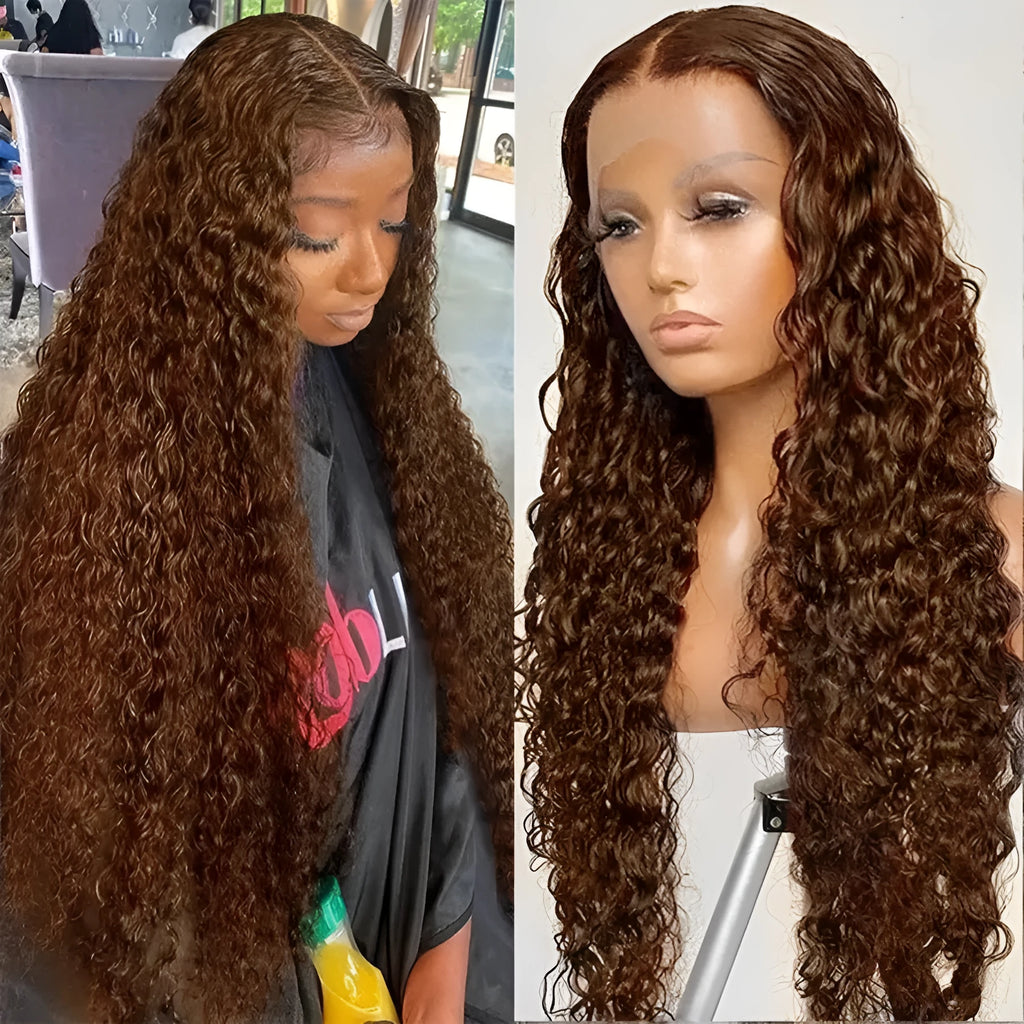 Women's front lace wig in long curly style with side bangs, small roll design, available in multiple colours and sizes
