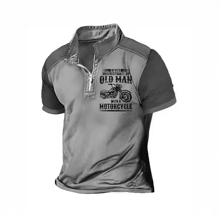 Men's short sleeve polo shirt with printed letter pattern and decorative zippers on the lapel.