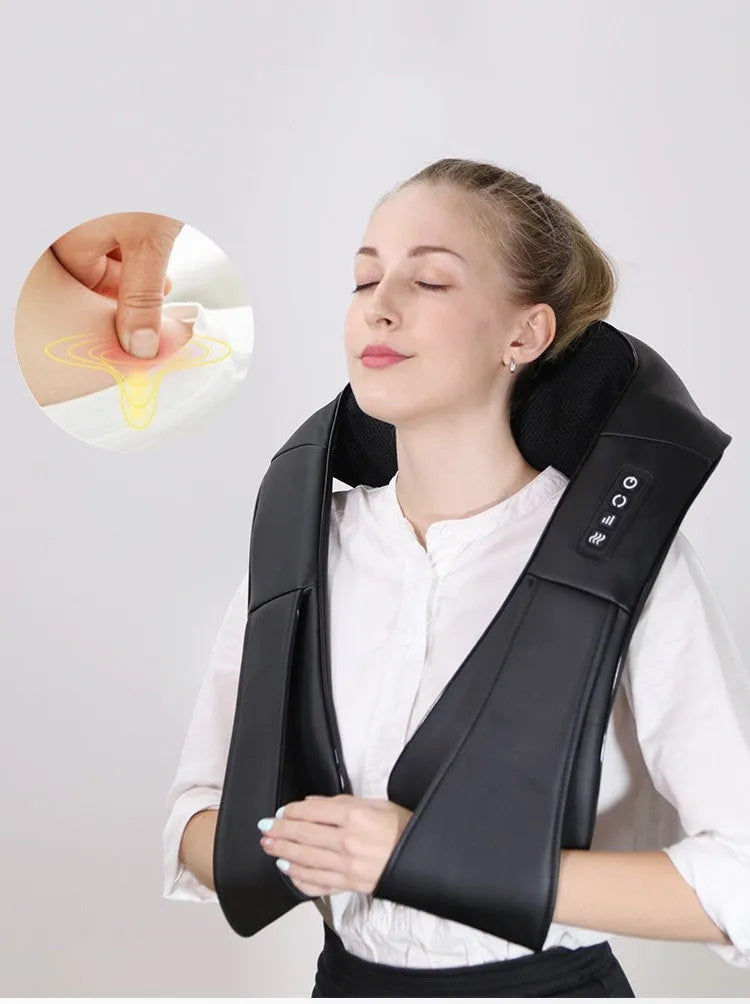 Electric neck and shoulder massager with 16 massage heads, hot compress, and infrared physiotherapy in off-white colour
