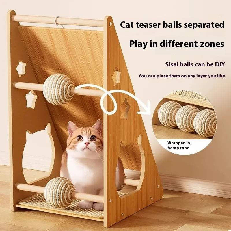 Vertical wall-mounted cat scratch board with sisal and hemp rope, featuring a dangling teasing ball.