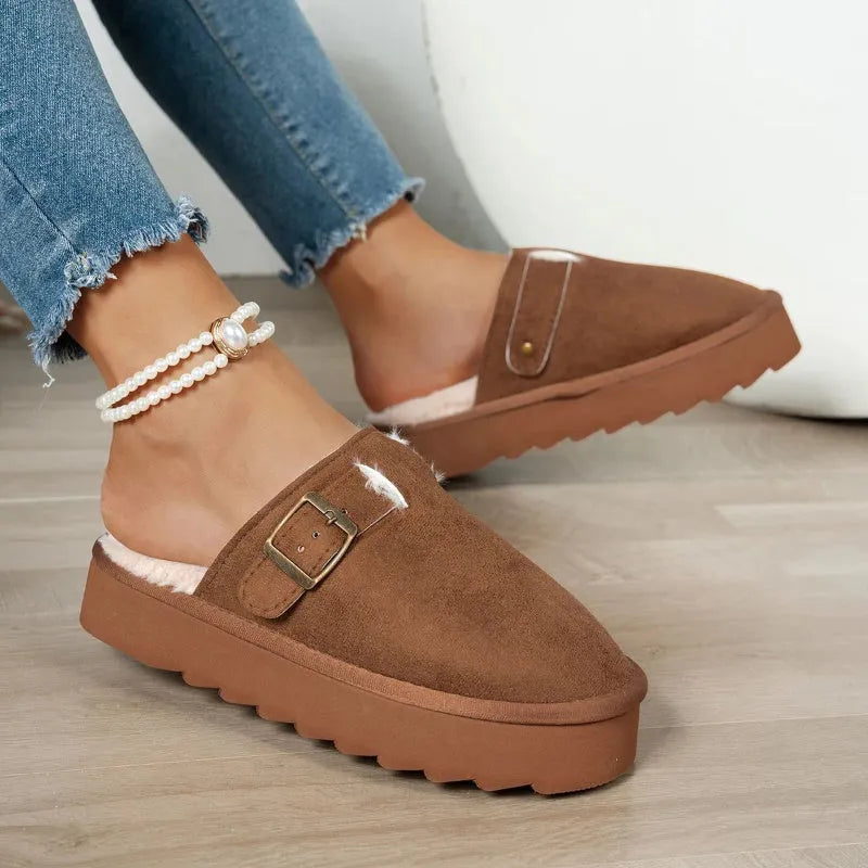 Women's winter slippers with plush lining, PU upper, round toe, in black, brown or khaki, sizes 36-41