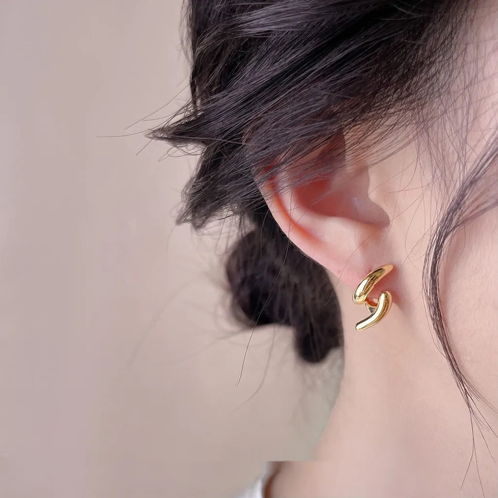 Copper geometric stud earrings with electroplated gold or silver finish, line design, one pair