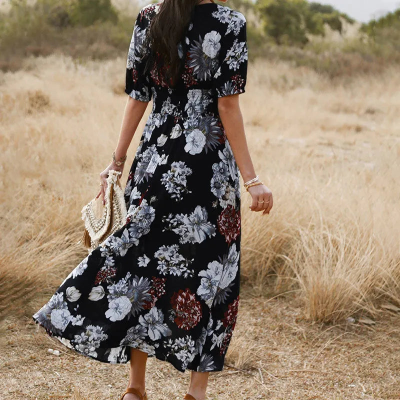 Floral print women's beach dress with V neck and elastic waist in blue colour