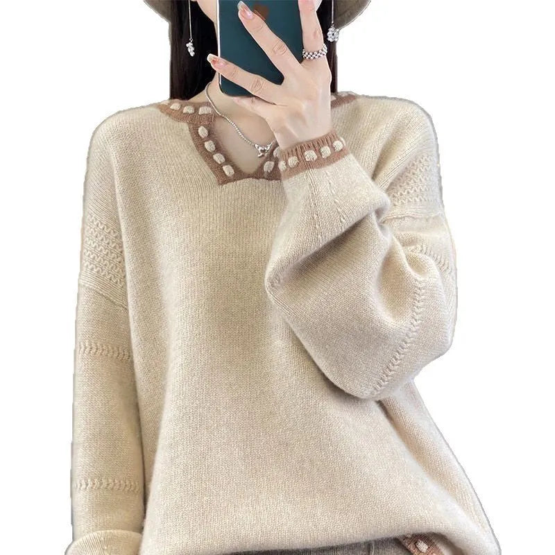 Women's V-neck jumper in viscose fabric, long sleeves, camel colour option