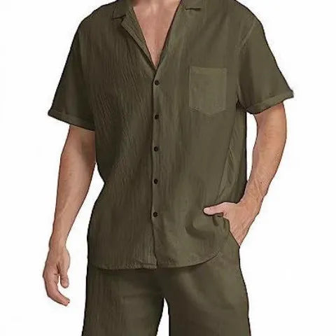 Men's linen summer sports shorts suit with short-sleeved top and matching shorts in army green colour