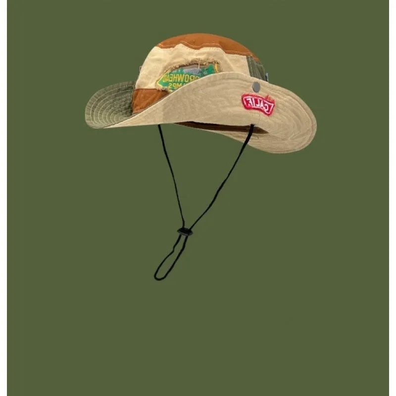 Army green cotton fisherman hat with retro patch design and flat top crown