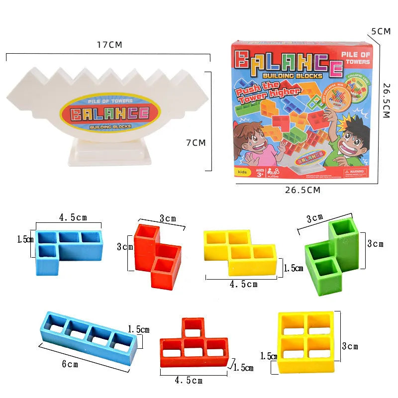Plastic balance stacking game with 16 colourful building blocks on 26.5cm square chassis