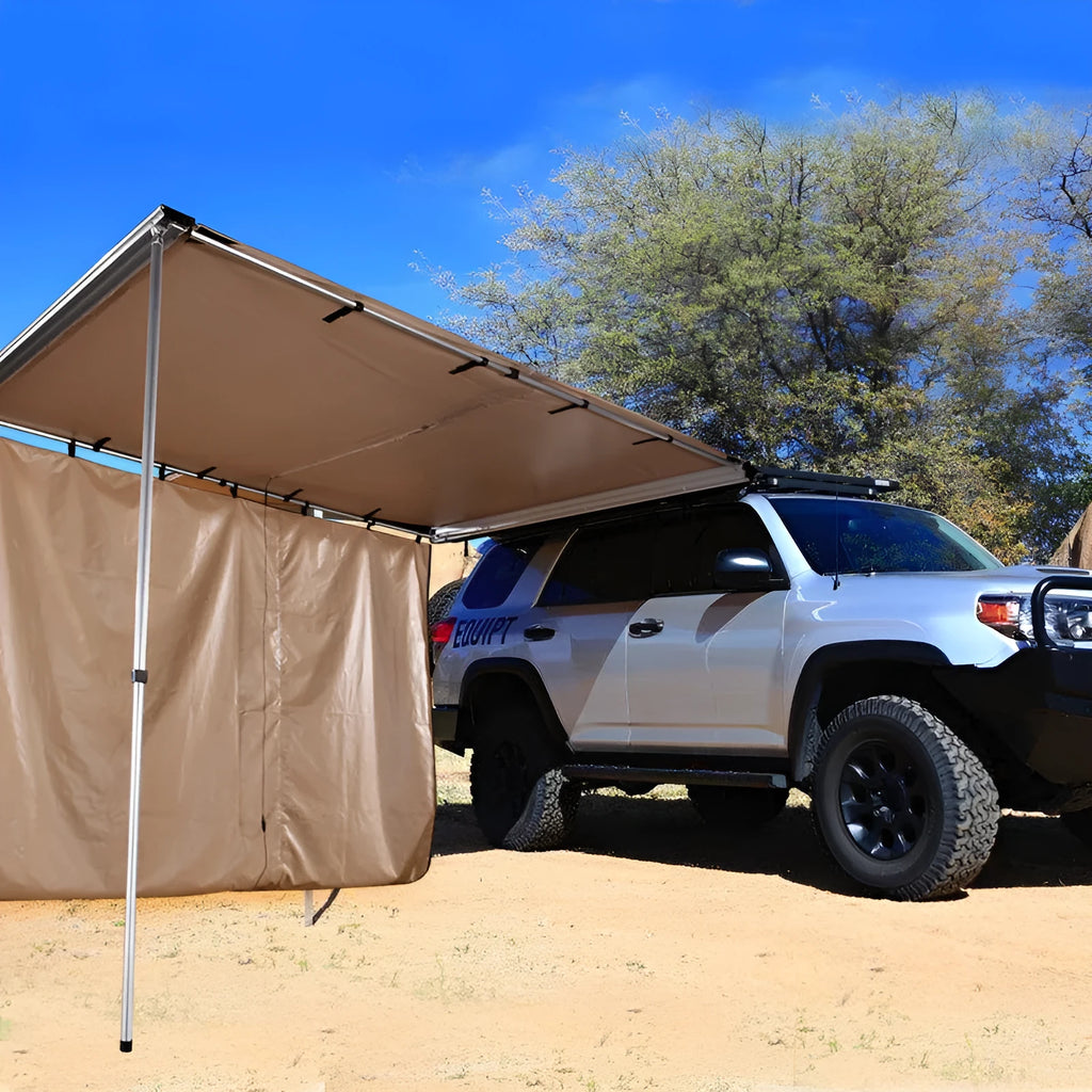 Black waterproof camping tent with aluminum alloy poles set up outdoors