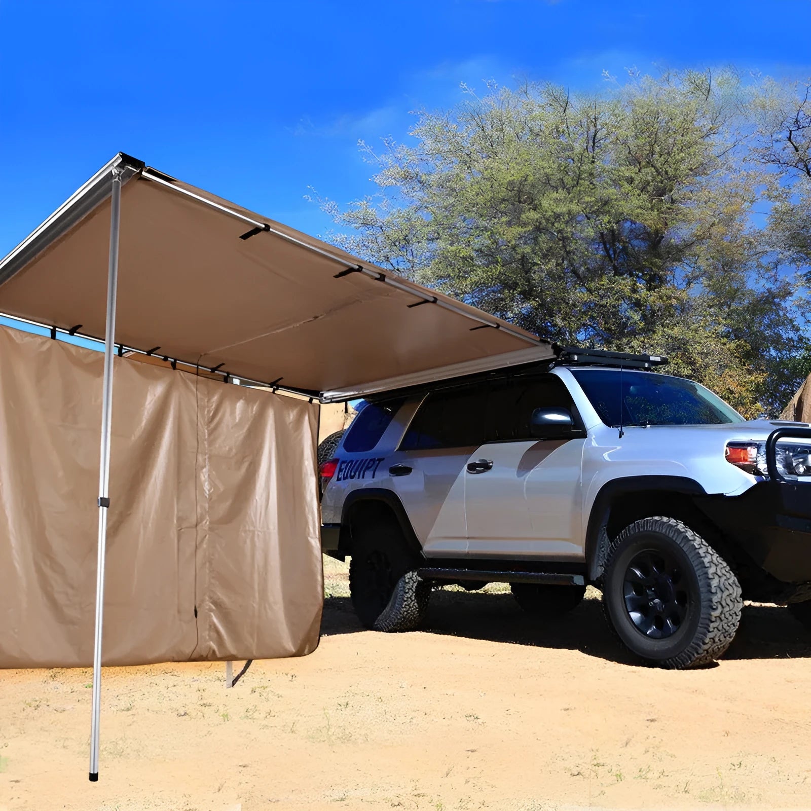 Black waterproof camping tent with aluminum alloy poles set up outdoors