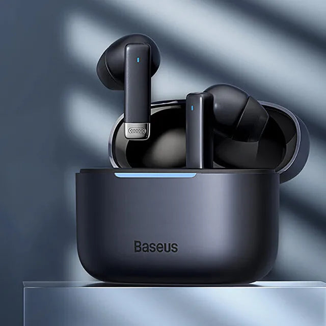Pearl White active noise cancelling true wireless headphones with charging case on a table.