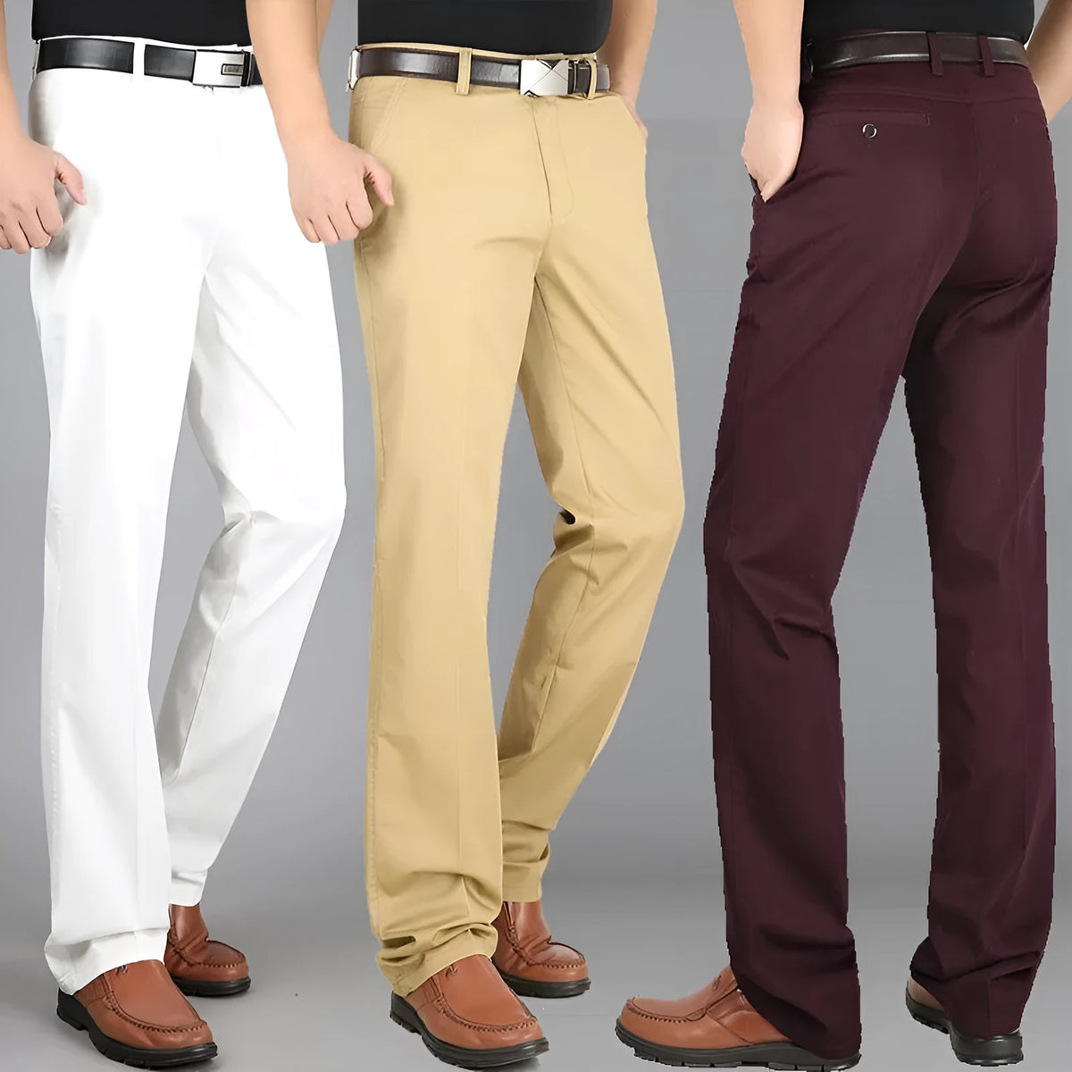 Men's casual elastic cotton high waisted loose trousers in creamy white, shown flat front view