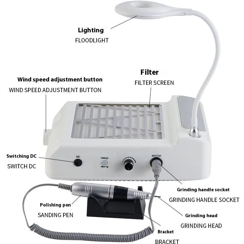 White four-in-one nail polisher machine with vacuum cleaner attachment and dual voltage options