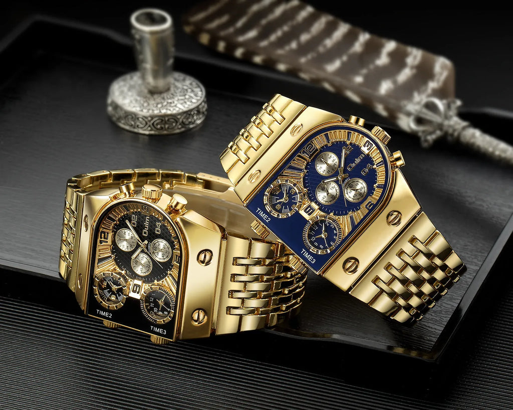 Luminous men's gold-tone watch with steel band and white multifunction dial against grey background