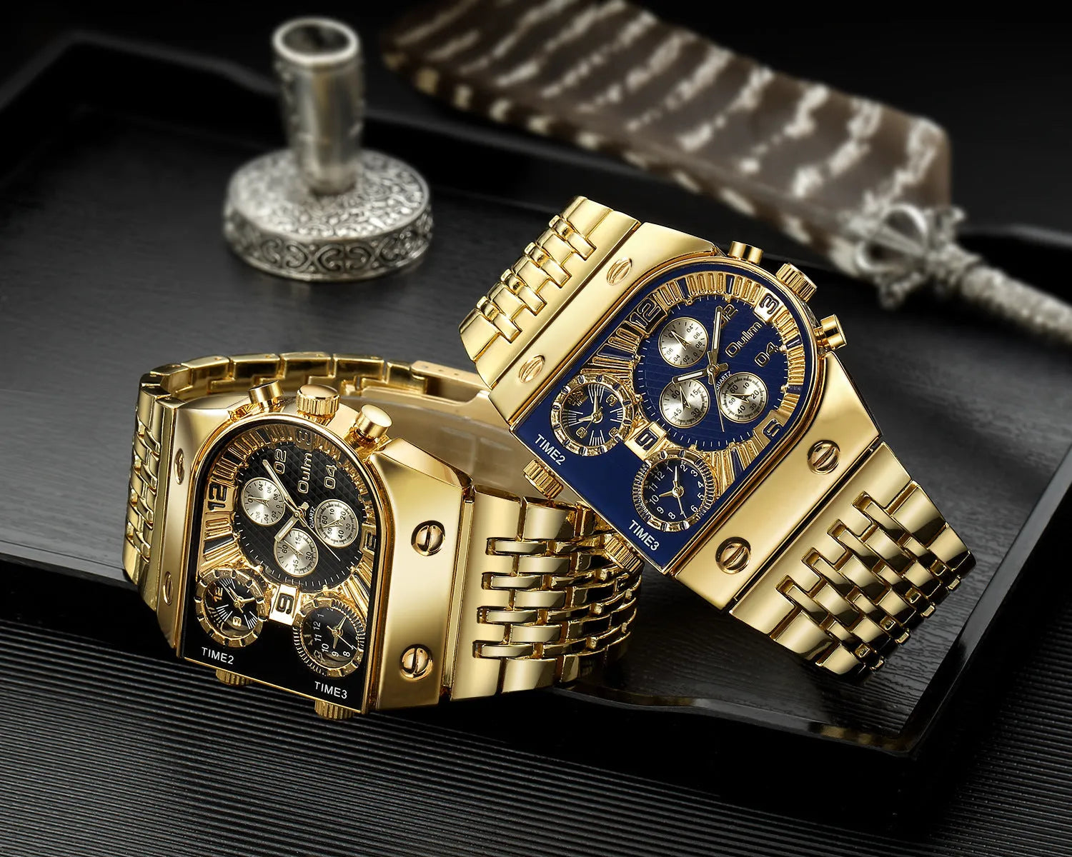 Luminous men's gold-tone watch with steel band and white multifunction dial against grey background