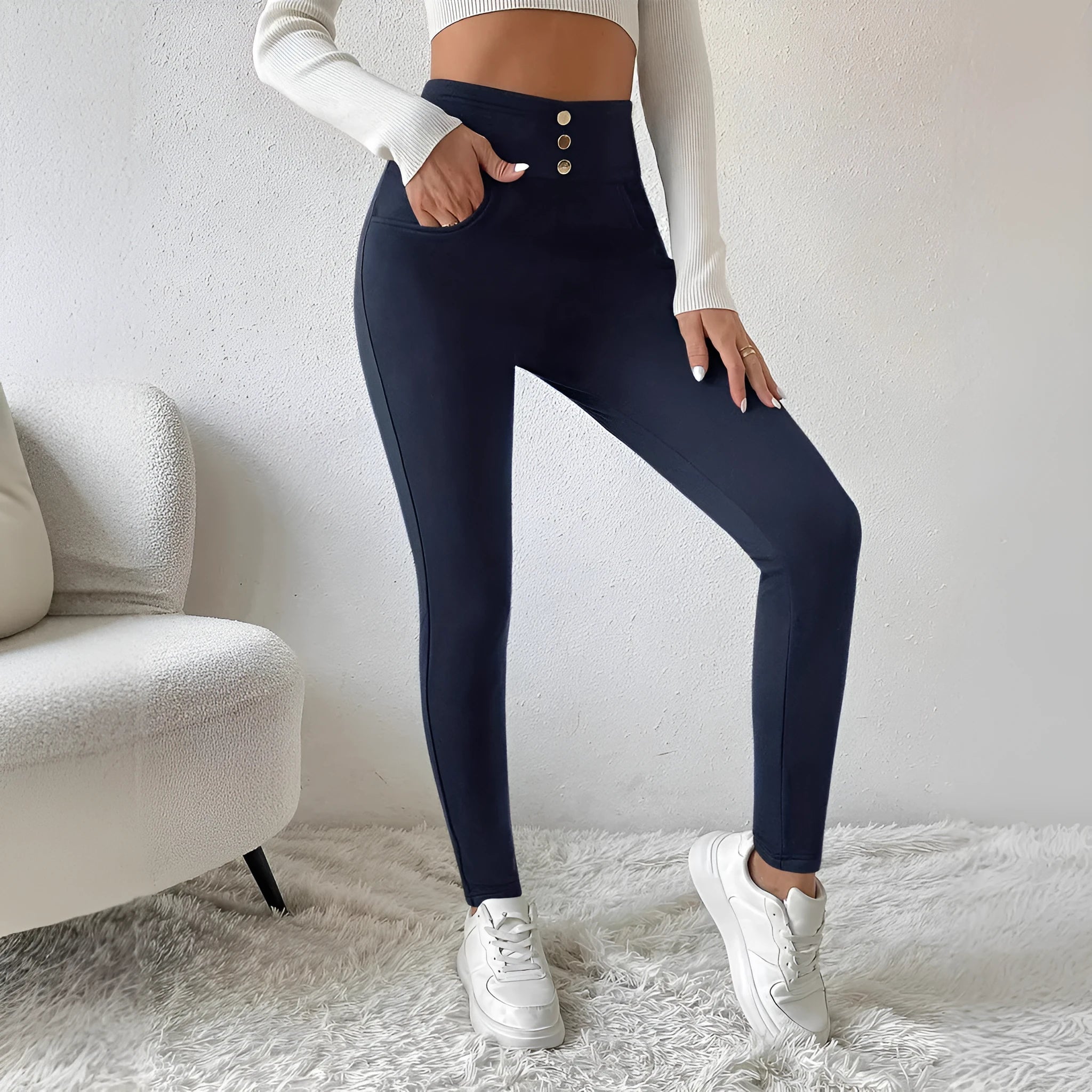 Navy blue women's high-waist casual trousers with straight-leg slim fit