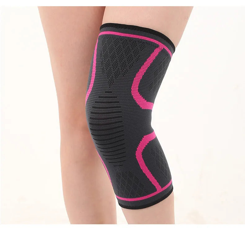 Pair of black stretch polyester sports knee pads with a textured non-slip interior.