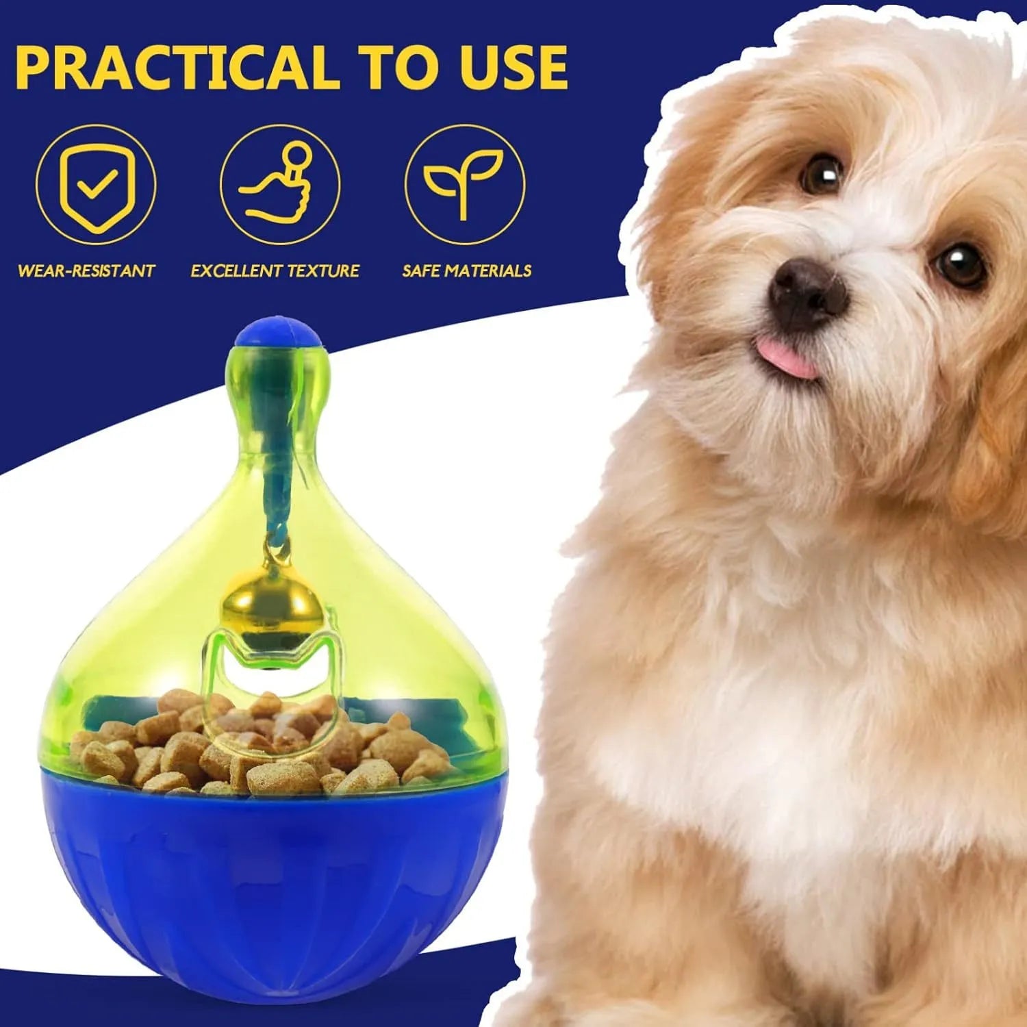 Tumbler-shaped pet treat dispenser toy for dogs and cats measuring 14cm