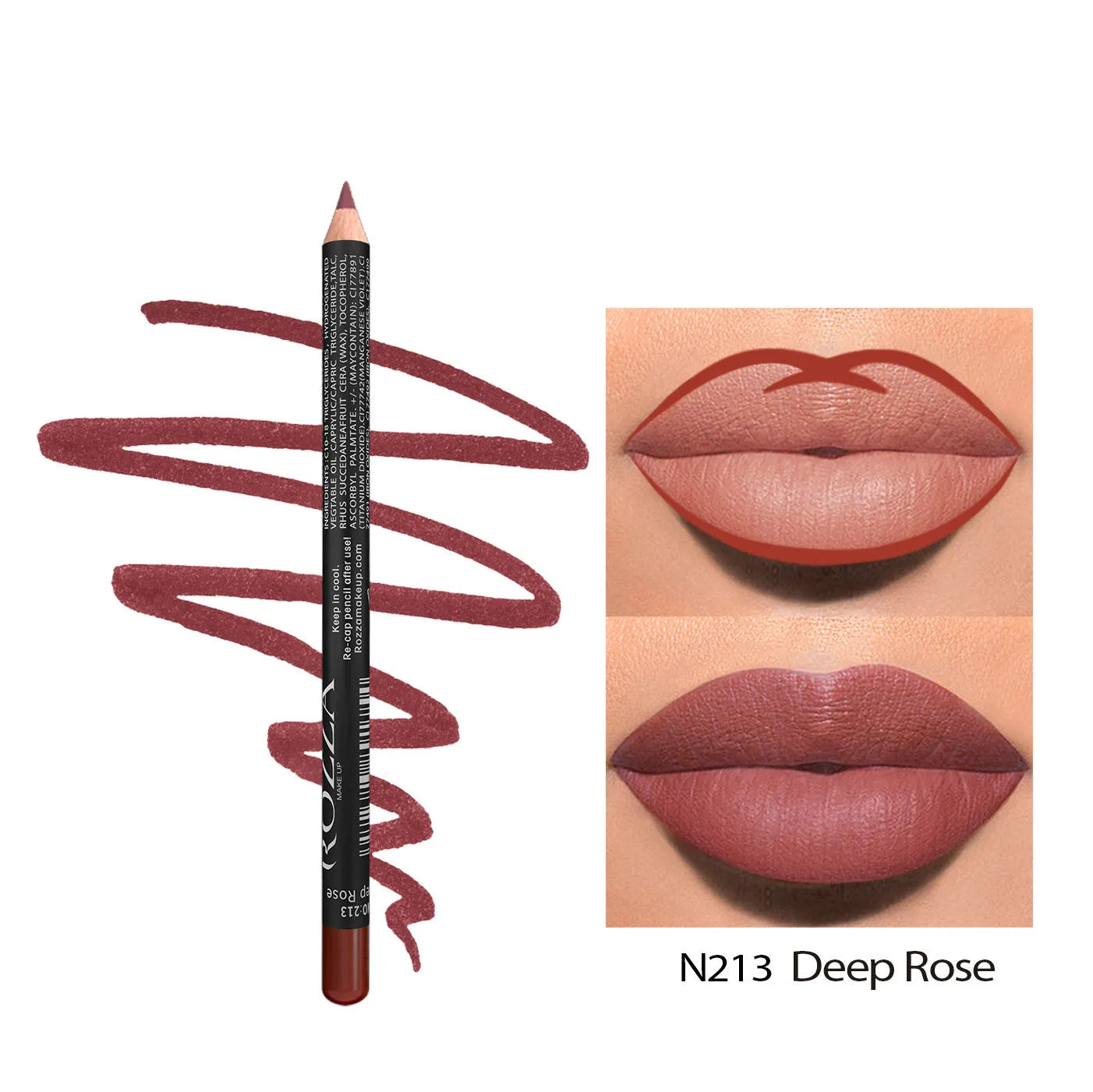 A lip liner pencil in a wooden barrel, shown with a sharp point, alongside swatches of its 14 available colour shades.