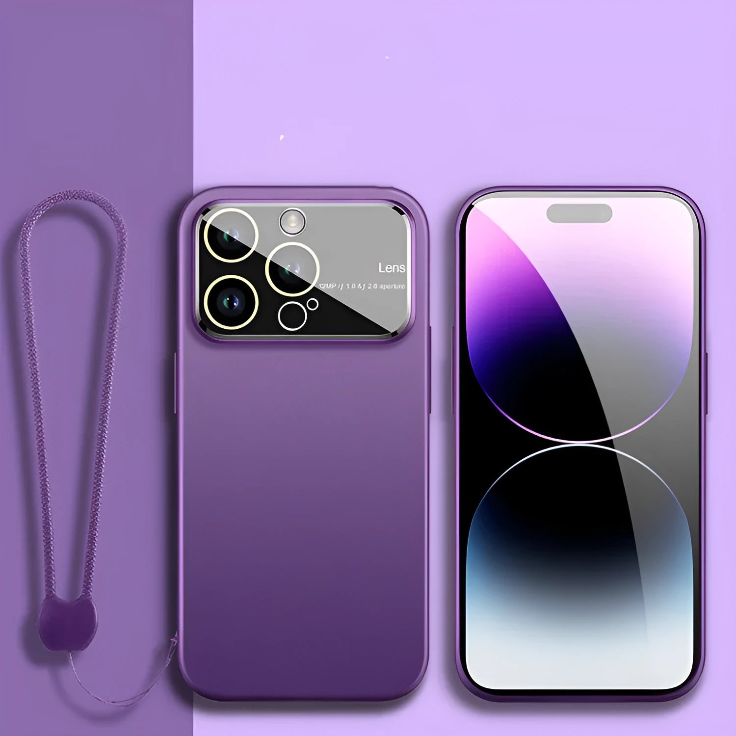 Frosted large window PC phone case for iPhone in Dark Purple with hanging cord
