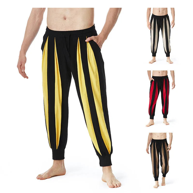 Men's straight-leg casual trousers in four colour options showing front and back views