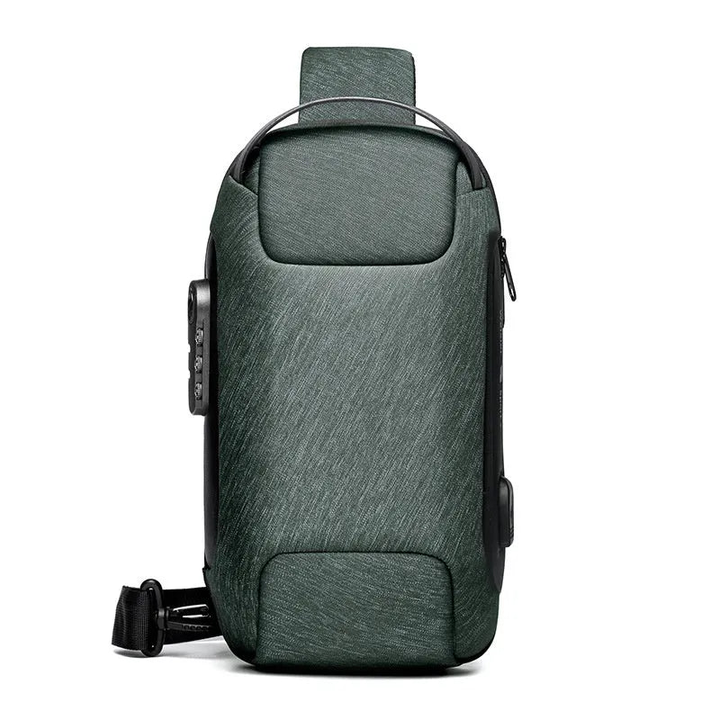 Black waterproof Oxford cloth crossbody bag with a shoulder strap, showing a USB port and multiple compartments.