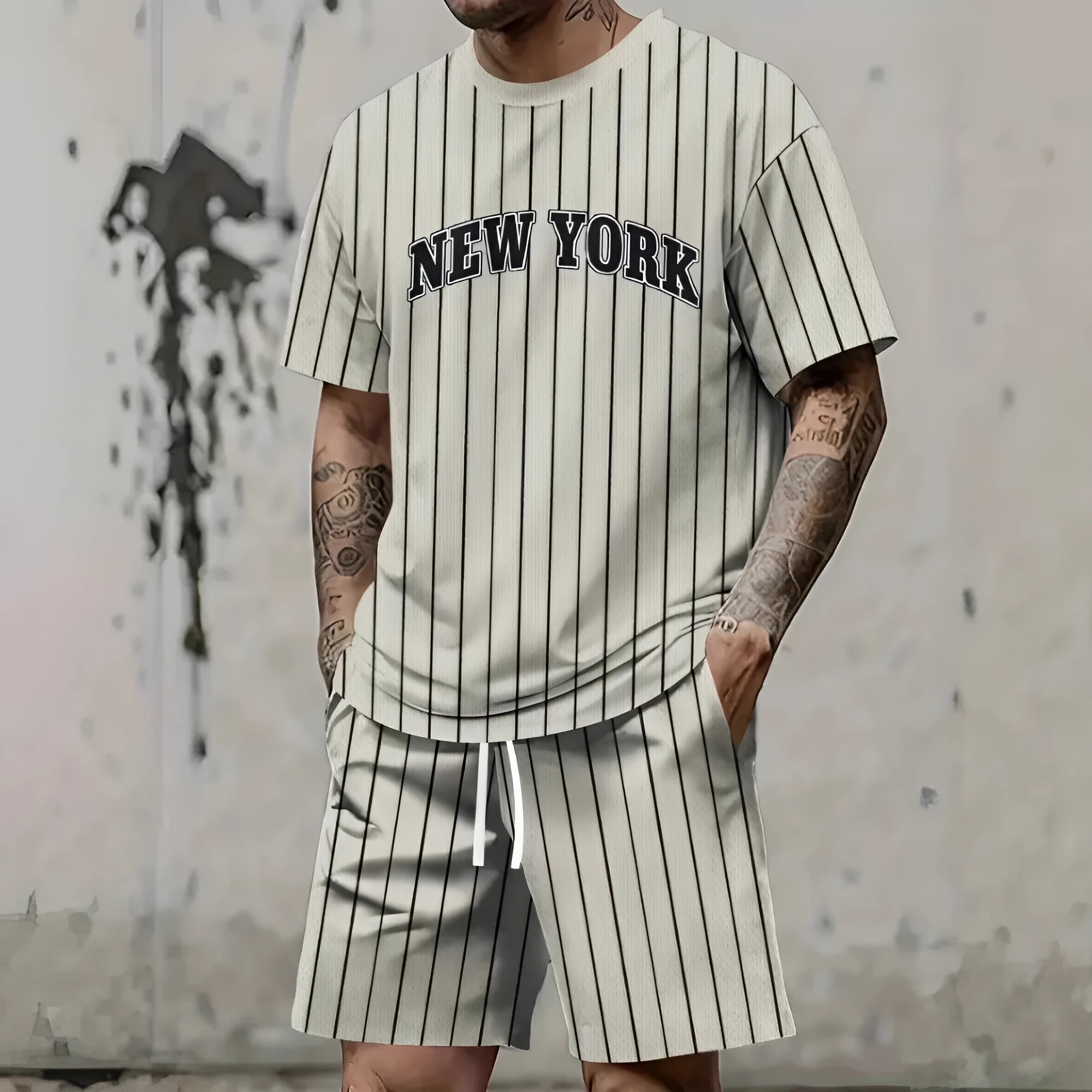 Men's grey sports suit with 3D printed letter design on short sleeve top and matching shorts