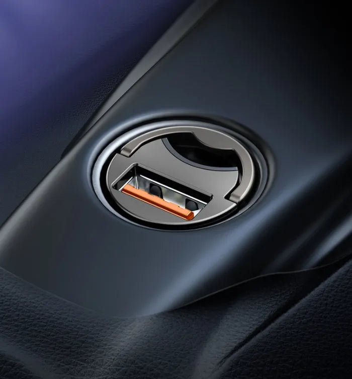 Grey Baseus 30W PPS single USB car charger with 1 metre cable.