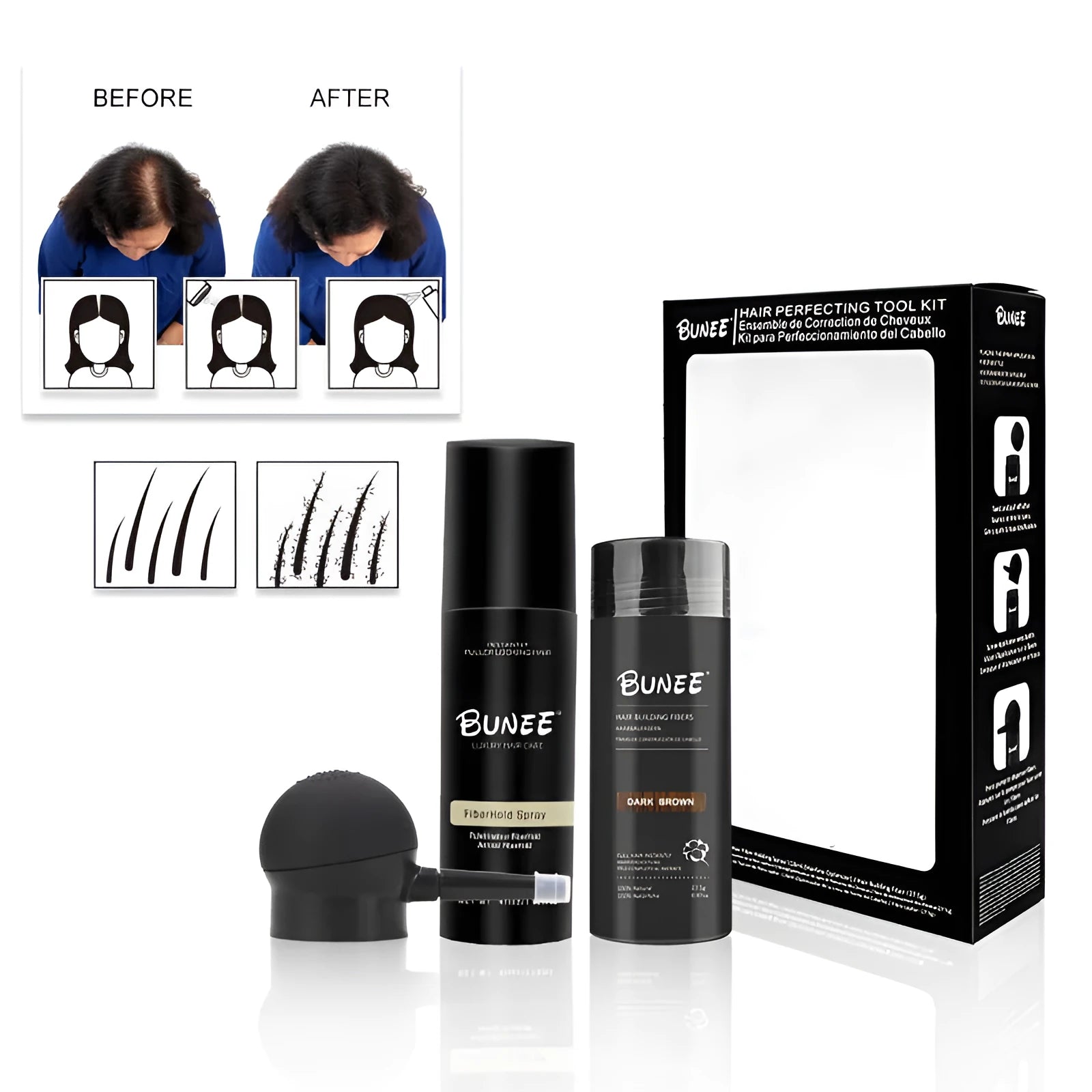 Dense hair fibre powder 275g canister with application nozzle and shaping spray bottle kit.