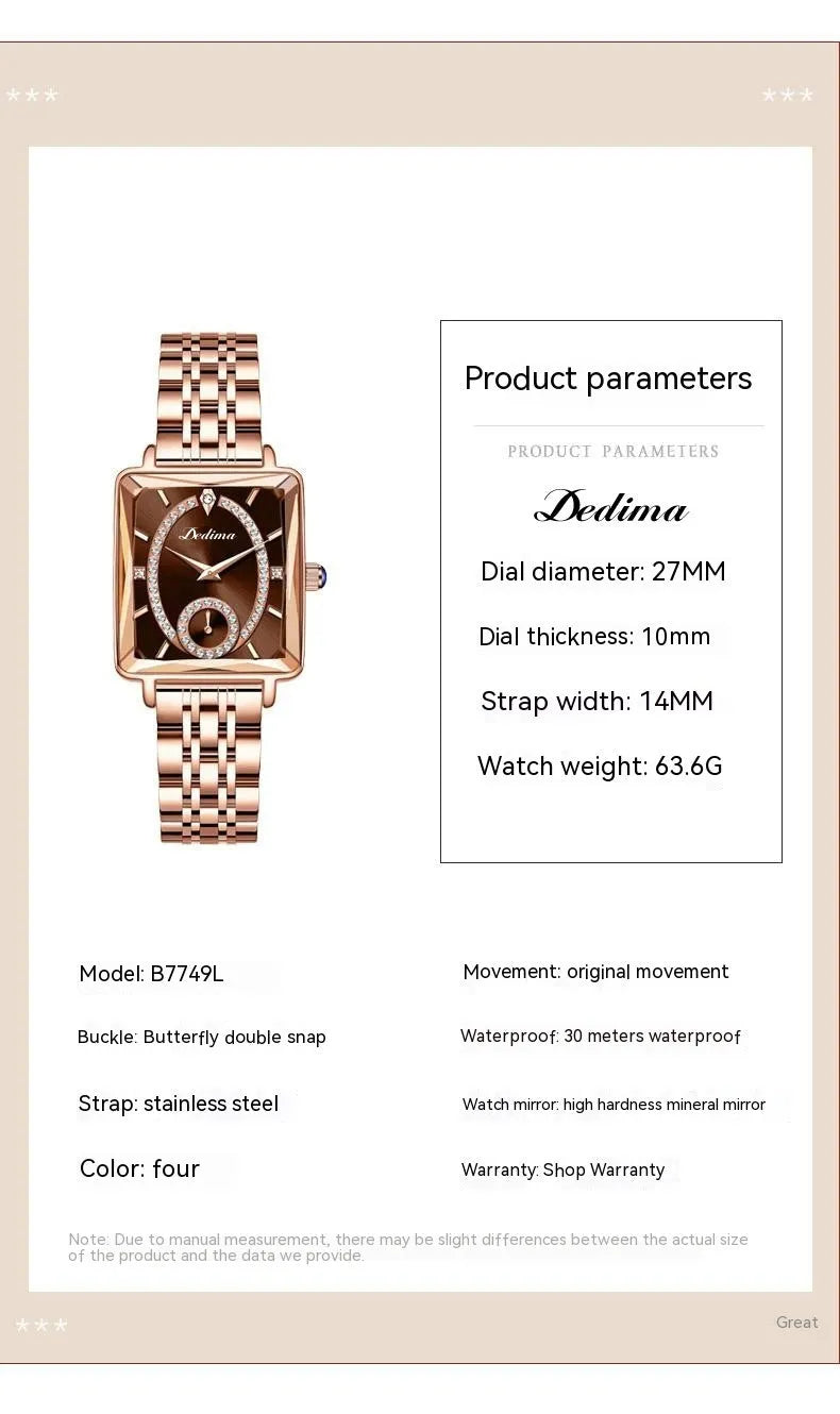Rose gold square women's half watch with 40.5mm dial and mineral glass mirror
