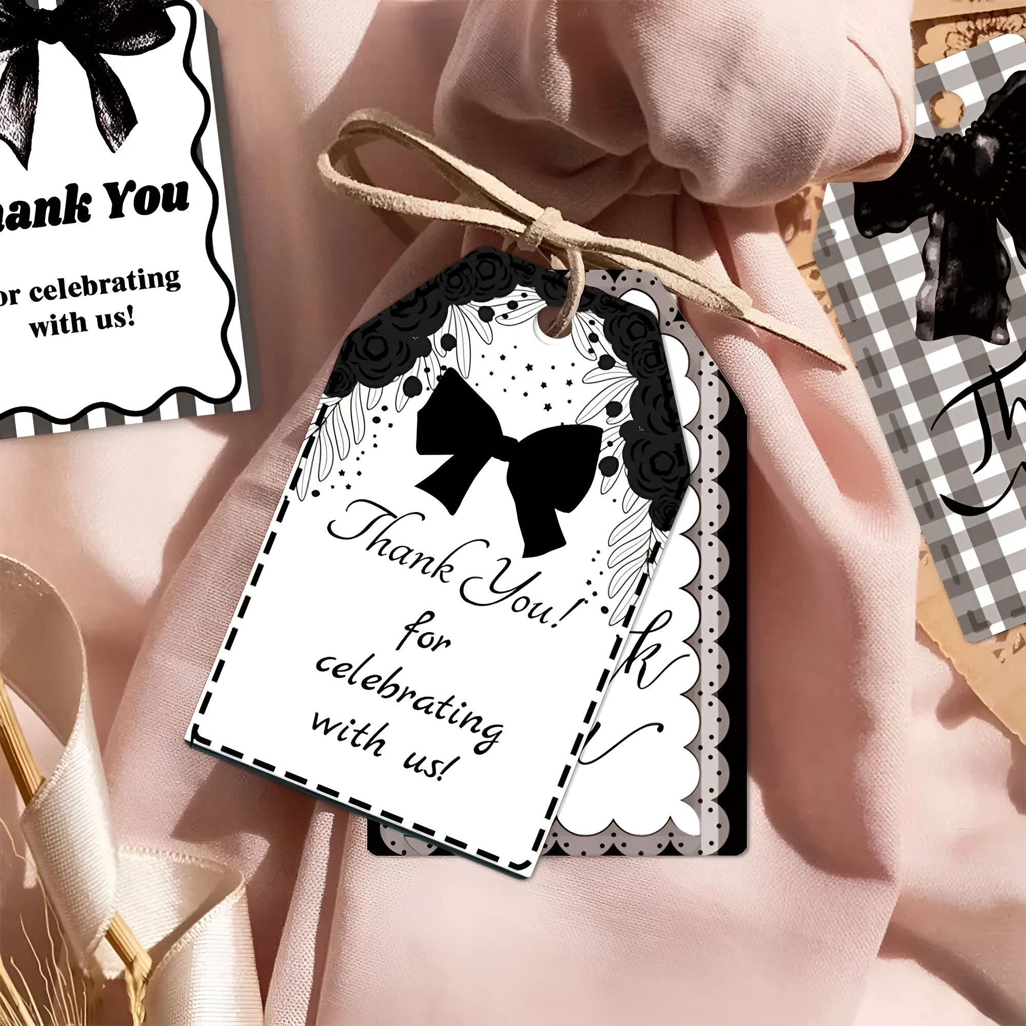 60-piece set of birthday party gift label tags with bowknot designs and natural hemp rope.