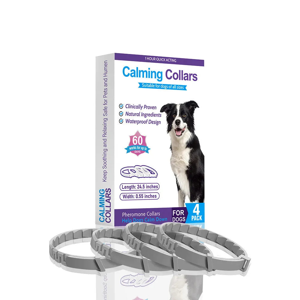 Four dog calming collars in assorted colours with adjustable 62cm length and TPR material