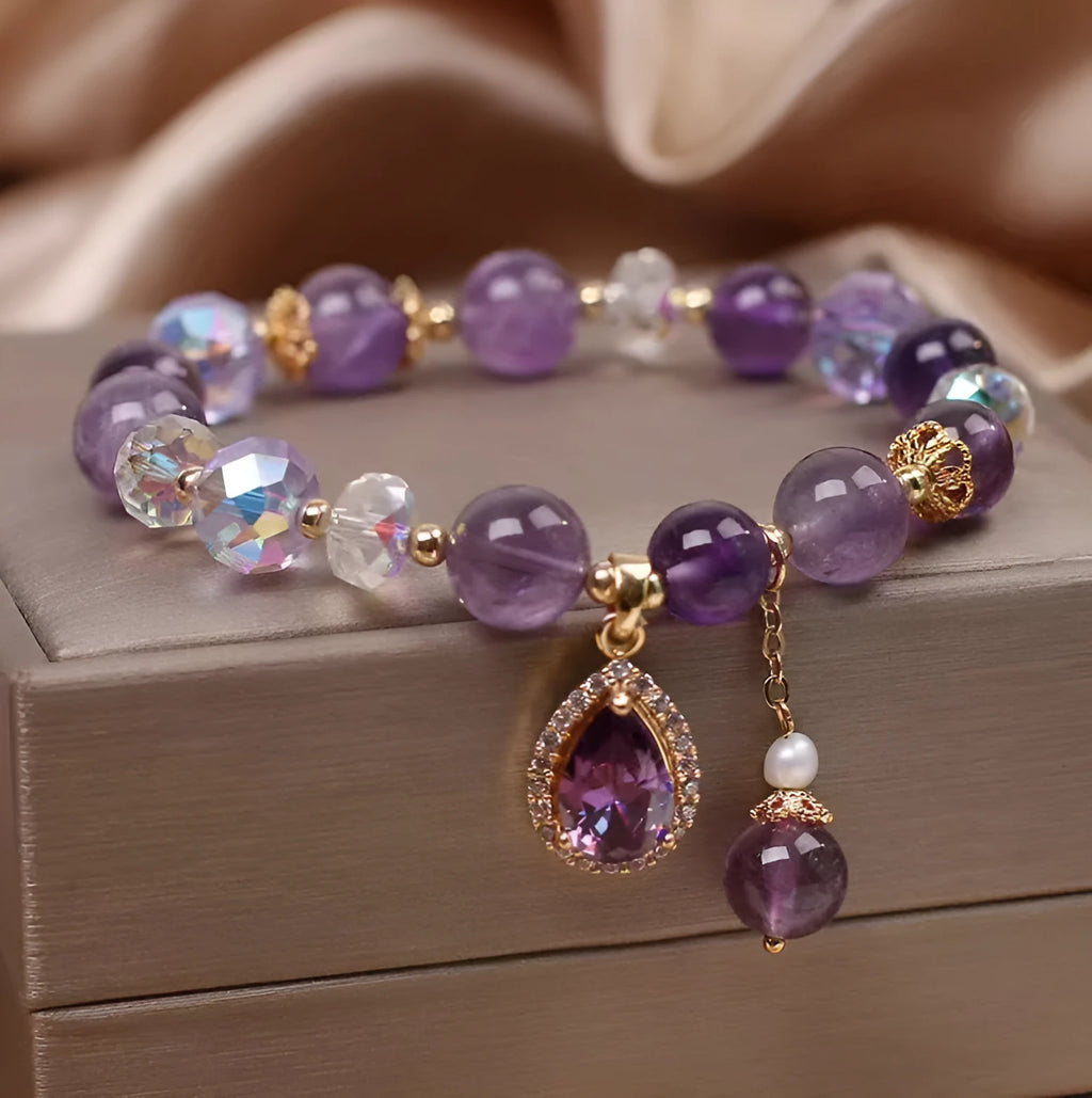 Purple amethyst crystal bracelet for women with natural stones