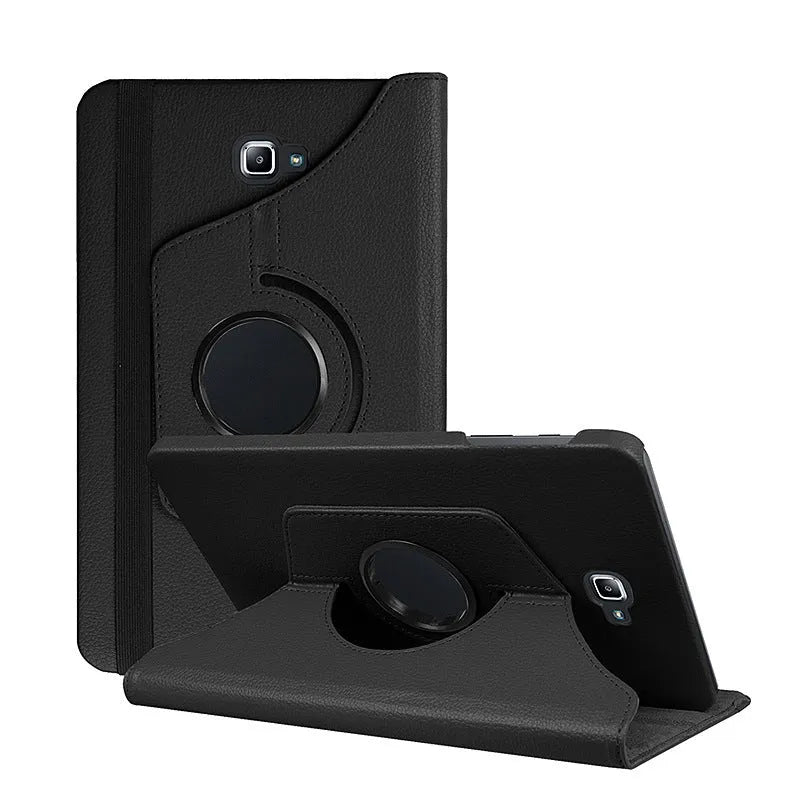Tablet leather case with rotating stand in clamshell design showing ten colour options