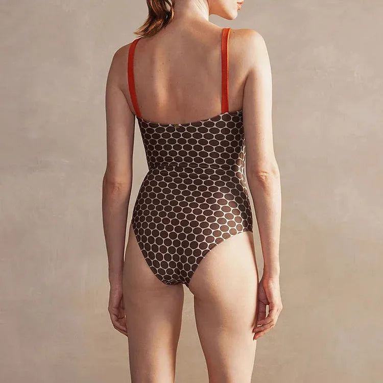 Women's dot print one-piece swimsuit with matching wrap skirt set