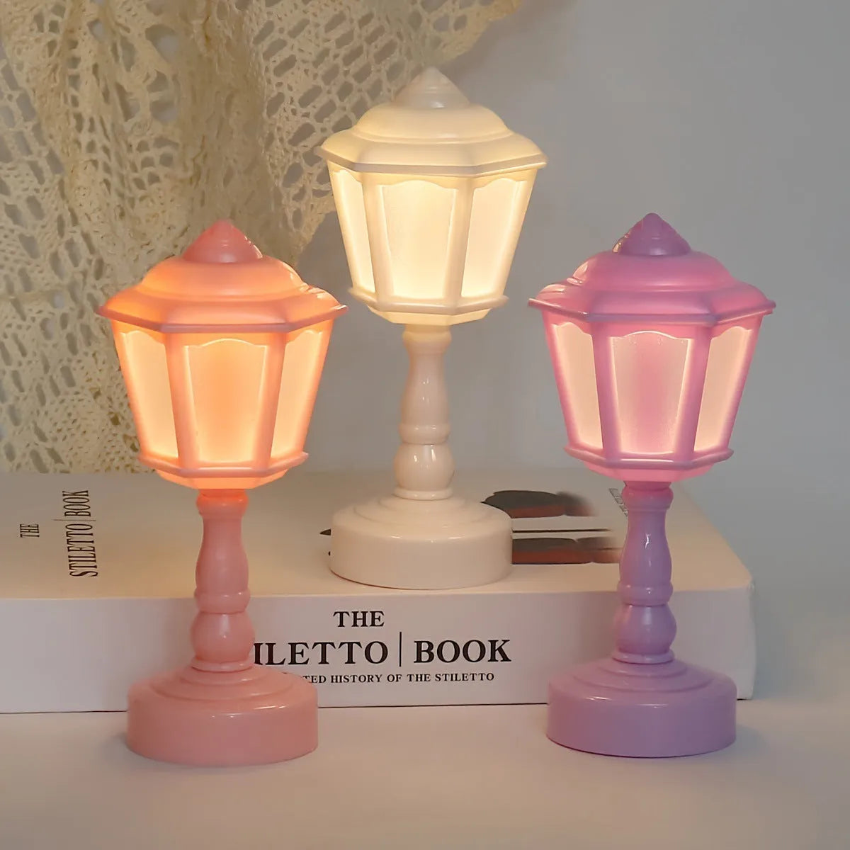Retro pagoda dormitory decoration night lamp with geometric stereo design in light purple colour