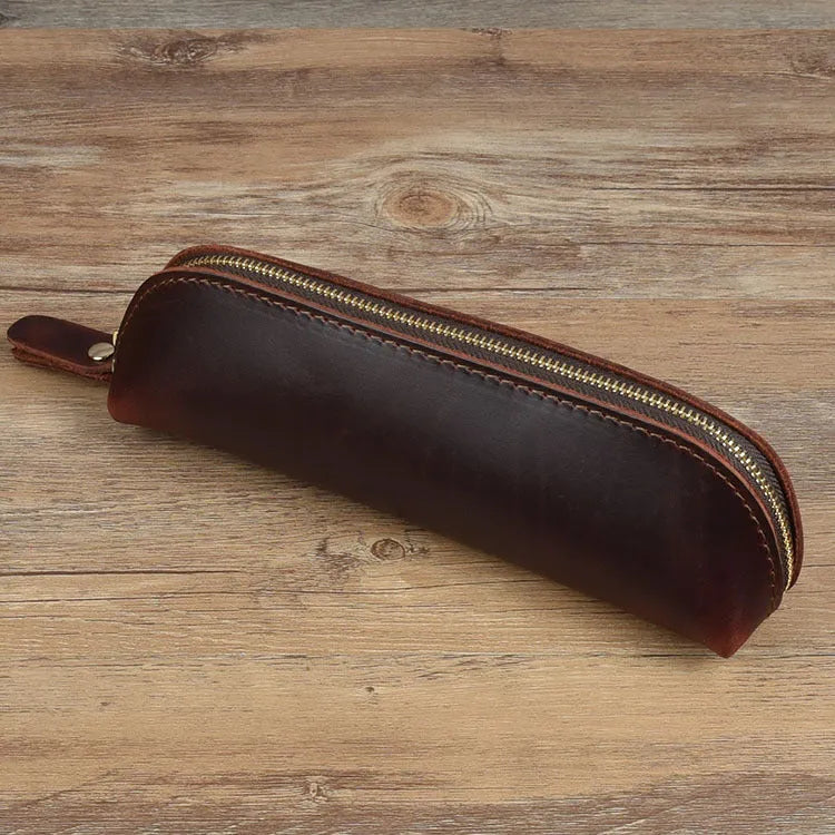 Genuine cowhide leather pencil case with zipper, 18cm long, in black solid colour