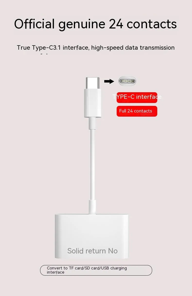 White Type C 3-in-1 adapter with USB 3.0, TF and SD slots, 15.5cm plastic shell for mobile phone