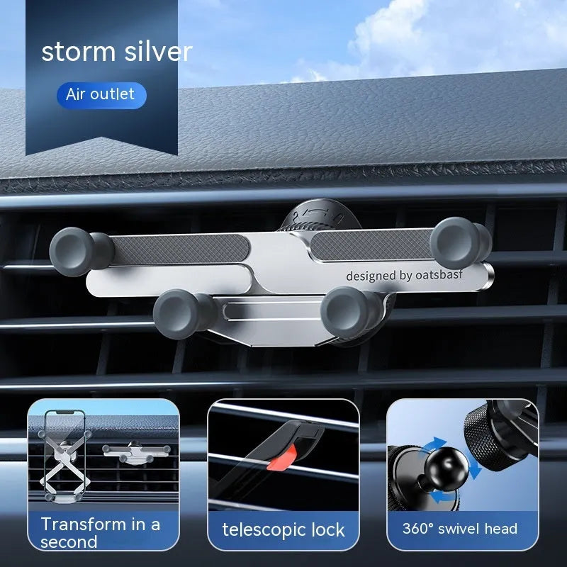 Silver car mobile phone holder bracket mounted on vehicle air vent