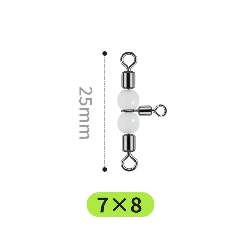 Copper three-fork fishing lure swivel beads with luminous material and eight rotating rings.