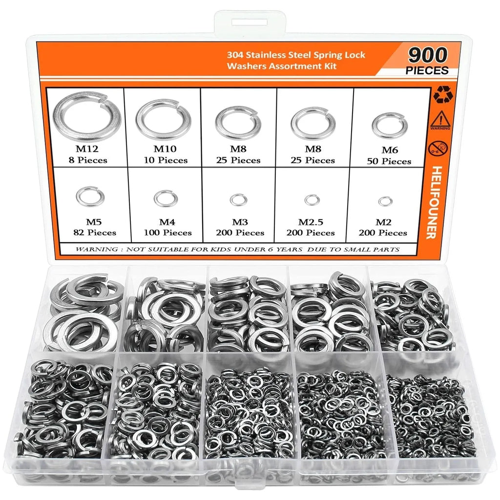 304 stainless steel spring lock washer combination box with 900 pieces in various sizes from 2-12mm inner diameter