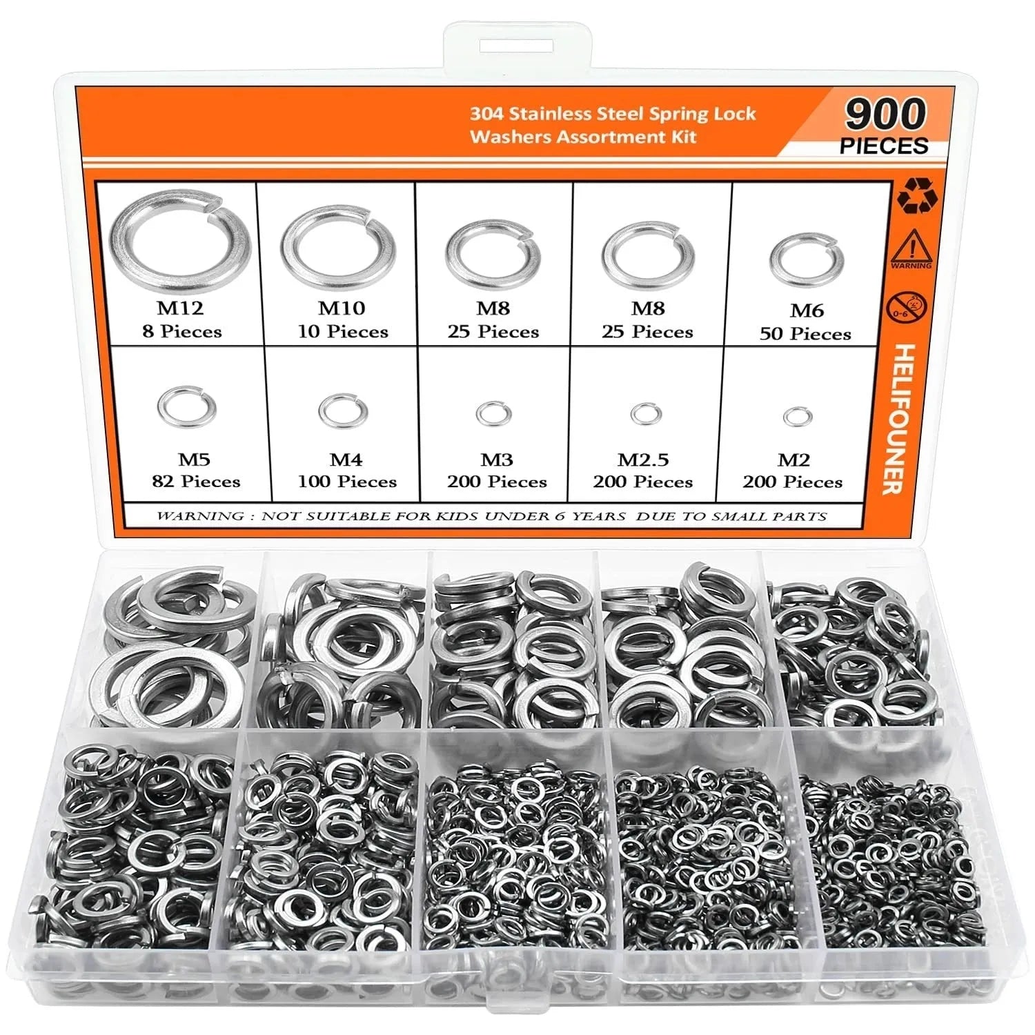 304 stainless steel spring lock washer combination box with 900 pieces in various sizes from 2-12mm inner diameter
